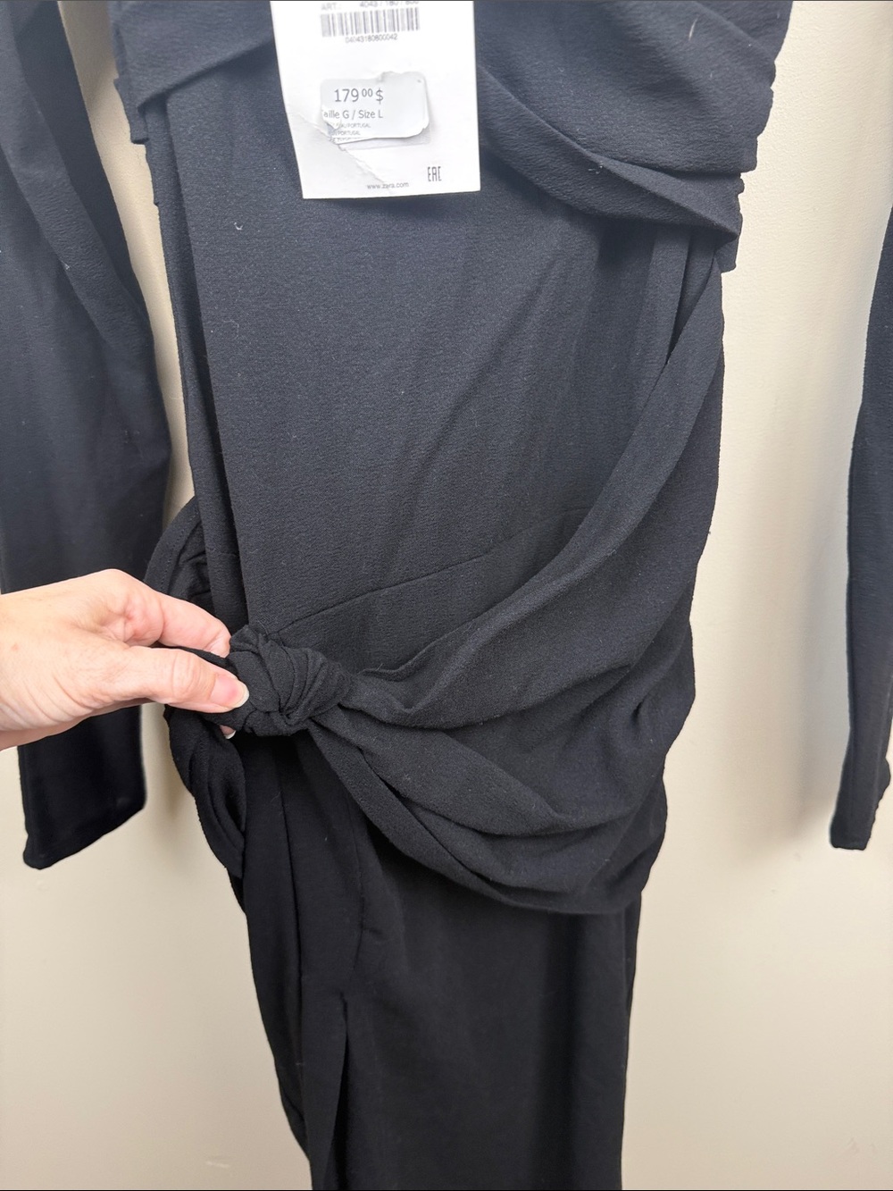 ZARA STUDIO lightweight wool Black Long-Sleeve Ruched Midi Dress large - Picture 7 of 16